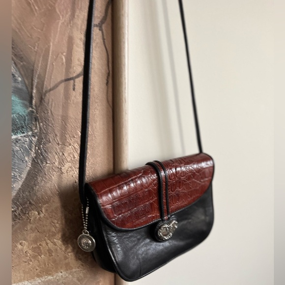 Vintage One World BRIGHTON ChocBrown Croc-Embossed & Black Leather Crossbody Bag - Picture 14 of 15